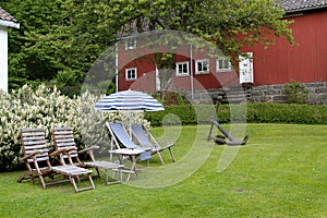 Chairs and parasol in a garden