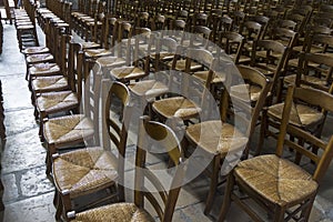 Chairs for parishioners in a catholic church.