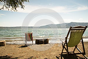 Chairs at the shore of lake Apoyo near Granada, Nicaragua