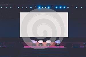 Chairs on stage in conference hall  at business event or seminar meeting, business and education concept