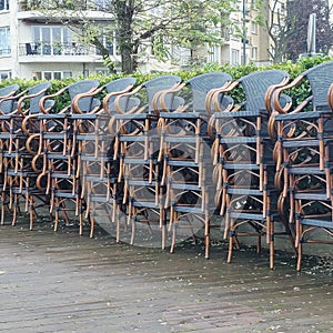 Chairs stored on the terrace for the winter.