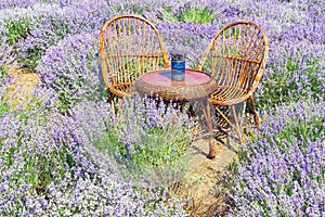 Chairs and table on lavender field