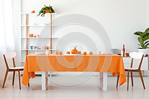 Chairs at table with orange cloth in white dining room interior with plant on shelves