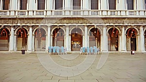 Chairs and tables near closed restaurant on St Mark square