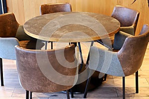 Chairs and tables in a non-working cafe, closed during the Covid-19 pandemic