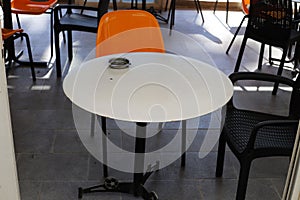 Chairs and tables in a non-working cafe, closed during the Covid-19 pandemic