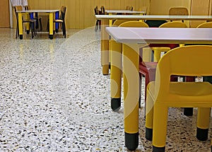 Chairs and the tables in a school classroom photo