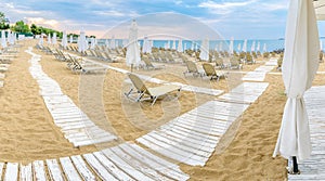 Chairs and umbrellas on a beautiful beach at Sunny Beach on the Black Sea coast of Bulgaria