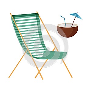 Chaise longue and coconut cocktail for a summer holiday on the beach on a white background