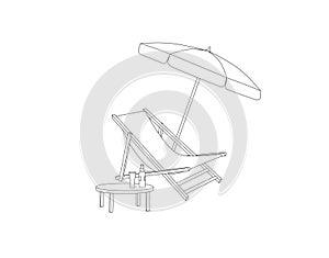 Chaise longue, table, parasol isolated. Deckchair outline drawing. Deck chair, table, parasol- summer sunbath beach resort symbol