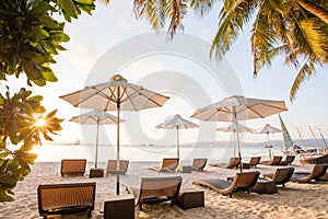 Chaise longues at the beach on the Boracay island, Philippines