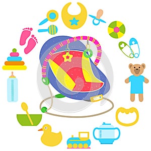 Chaise lounge for baby relaxation surrounded by child care objects, newborn items supplies