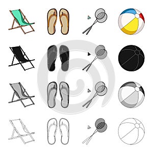 Chaise lounge, beach slippers, rest badminton, inflatable ball. Summer rest set collection icons in cartoon black
