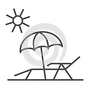 Chaise lounge on beach thin line icon, Summer concept, Deck chair with umbrella sign on white background, Beach parasol