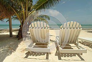 Chaise lounge chairs on a tropical beach.