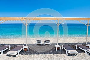 Chaise lounges on the beach in Kemer, Turkey