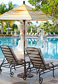 Chaise lounges near pool.tropical landscape