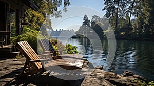 Chaise lounges on the shore of a lake