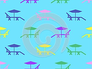 Chaise lounges with umbrellas seamless pattern. Summer vacation, sunbathing. Sun lounger on the beach. Design for banners, posters