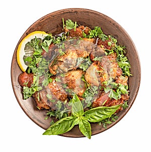 Chakhokhbili Chicken stewed with tomatoes and herbs isolated