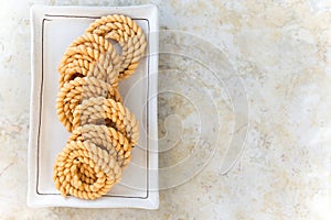 Chakli or Murukku popular vegetarian snack South India. Spiral s