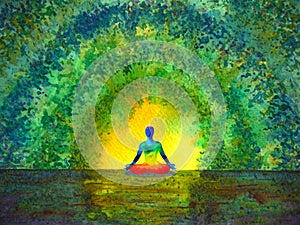 Chakra color human lotus pose yoga in green tree forest tunnel, abstract world, universe inside your mind mental, watercolor