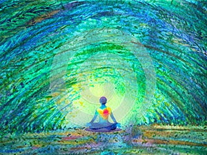 Chakra color human lotus pose yoga in green tree forest tunnel photo