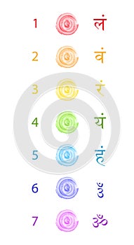 Chakra Color, seven bija mantras with chakras set Sanskrit colorful letterig in watercolor style, vector isolated on white photo