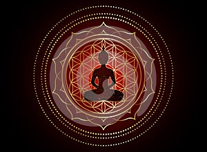 Chakra concept. Inner love, light and peace. Buddha silhouette in lotus position over gold ornate mandala lotus flower. Flower