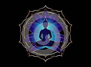 Chakra concept. Inner love, light and peace. Buddha silhouette in lotus position over gold ornate mandala lotus flower. isolated