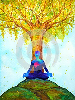 Chakra human lotus pose yoga, abstract mind mental, watercolor painting illustration design hand drawn