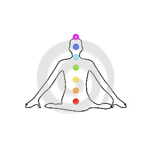 Chakra icons with respective colors on a meditating person