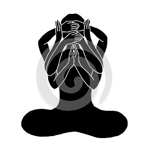 Chakra lotus pose yoga, close eye ear mouth and open mind, vector
