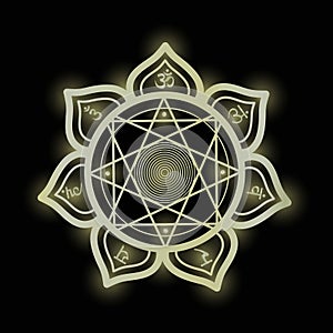 Chakra mandala with golden lines and sanskrit symbols. Flower of life with seven chakras. Sacred geometry vector illustration.