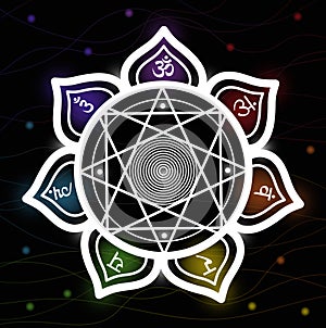 Chakra mandala with sanskrit symbols. Flower of life with seven chakras on black background. Sacred geometry vector illustration