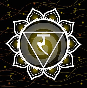 Chakra Manipura with sanskrit symbol on black background. Sacred geometry vector illustration for yoga and meditation