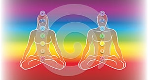 Chakras Couple Meditation Rainbow Background