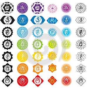 Chakras icons . Concept of chakras used in Hinduism, Buddhism and Ayurveda. For design, associated with yoga and India.