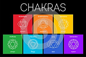 Chakras set: muladhara, swadhisthana, manipura, anahata, vishuddha, ajna, sahasrara. Vector line symbol. Om sign