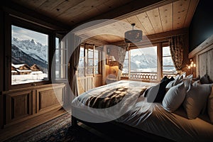 chalet bedroom with luxurious king-size bed and scenic mountain view