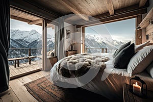 chalet bedroom with luxurious king-size bed and scenic mountain view