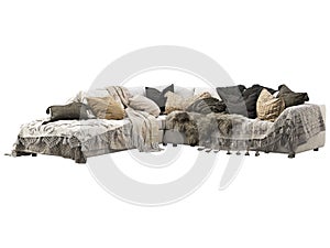 Chalet corner white velvet upholstery sofa with pillows, blankets and pelts. 3d render