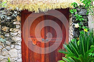 Chalet Door, thatched roof, Rarotonga, Cook Islands