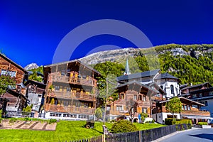 Chalet and hotels in swiss village in Alps, Leukerbad, Leuk, Vis