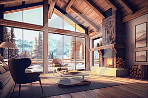 chalet interior with large windows. Generative AI, Generative, AI