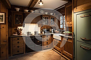 chalet kitchen with traditional wooden cupboards and vintage appliances