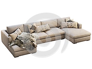 Chalet modular beige leather upholstery sofa with pillows and pelts. 3d render