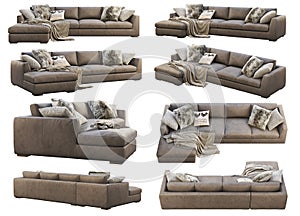 Chalet modular brown leather upholstery sofa with pillows and plaid. 3d render. Collage. Furniture collection