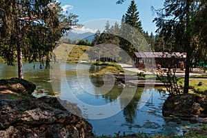 Chalet in Mosigo Lake in San Vito di Cadore inside Italian Dolomites Alps Scenery photo