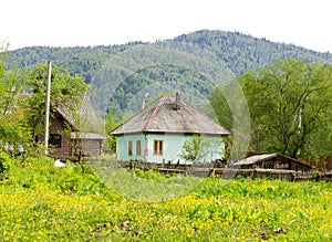 Chalet, mountain village, garden plots, forest, meadows, mountains, in summer.